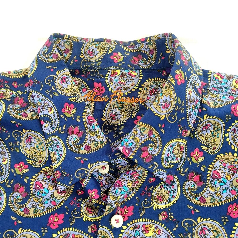 Alan Flusser Paisley Button Up XL mens Blue Floral Shirt statement art to wear